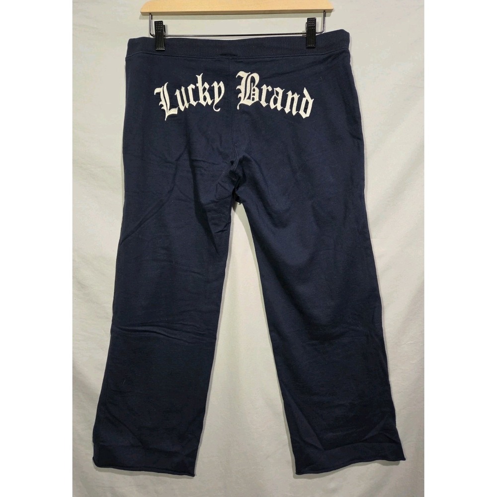 Lucky Brand Sweatpants Women Small Navy Blue Back Embroidered Logo Raw Hem Y2K